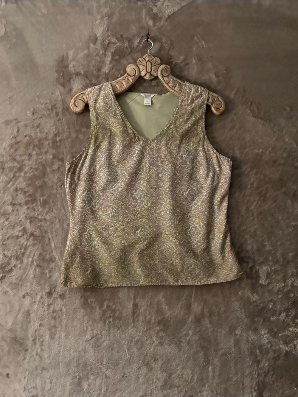 Christopher & Banks V-Neck Sleeveless Top Women’s Size L Olive Paisley Print
